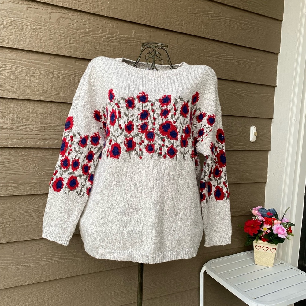 J JILL boxy oversized floral print knit crew neck size medium